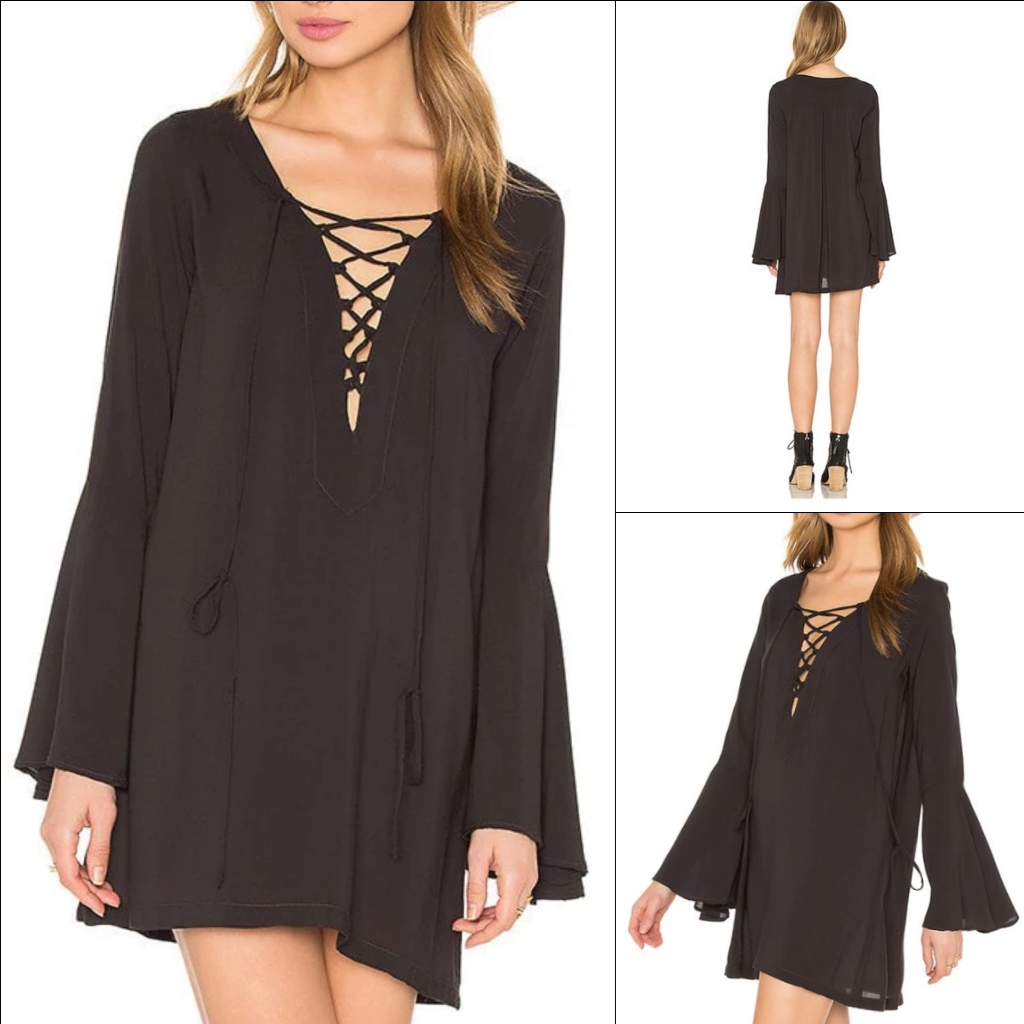 Blue Life Black Lace-Up Bell Sleeve Rayon Tunic Dress Coverup Xs